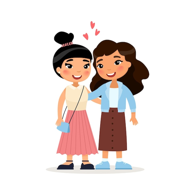 Dwóch Przyjaciół Azjatyckich Młodych Dziewcząt Lub Para Lesbijek Przytulanie Zabawne Postaci Z Kreskówek