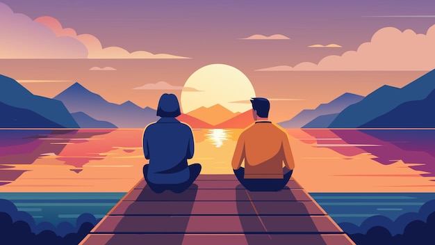 Plik wektorowy dwóch przyjaciół siedzi w milczeniu na doku, patrząc na zachód słońca i zagubionych w myślach.