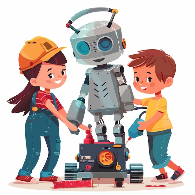 Dwoje dzieci pracuje z robotem, na którym jest słowo robot.