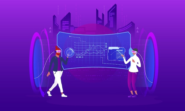 Dwoje ludzi odbywających wirtualne spotkanie robocze w metaversum z zestawem VR