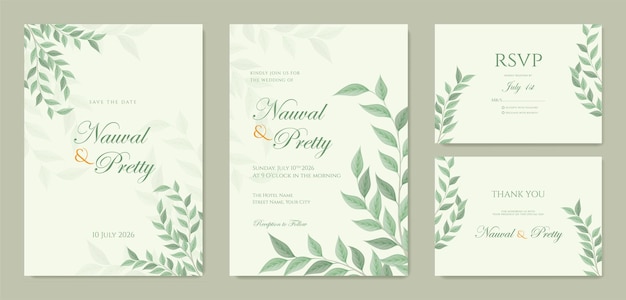 Plik wektorowy dwustronny szablon zaproszenia ślubne z zielonymi liśćmi akwarela ornament premium vector