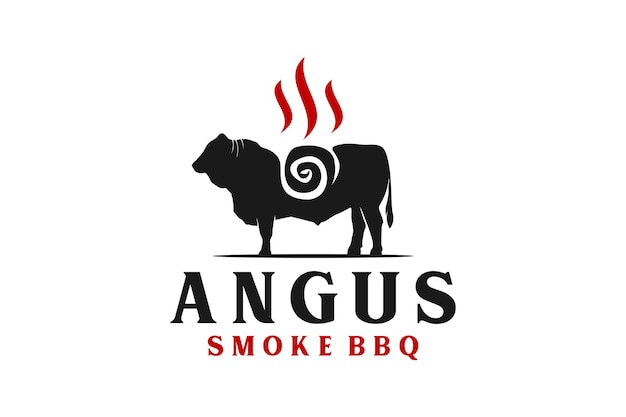 Dym Grillowana Krowa Angus Wołowina Sylwetka Spalona Krowa Angus C Z Ognistym Płomieniem Vintage Logo Design