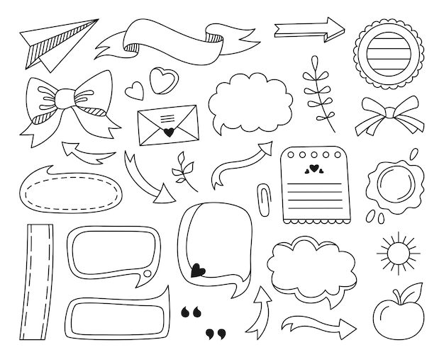 Dymek strzałka doodle zestaw rama tekst wystrój szkoły studium memo pamiętnik notatnik ciągnione szkic wektor
