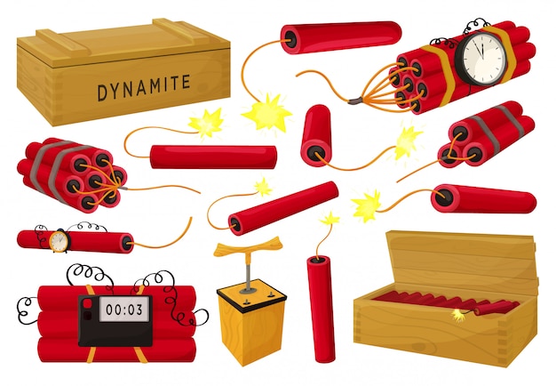 Dynamitowa Ilustracja Na Białym Tle. Kreskówka Zestaw Ikona Bezpiecznik Wybuchowy. Dynamit Ikona Kreskówka Na Białym Tle.