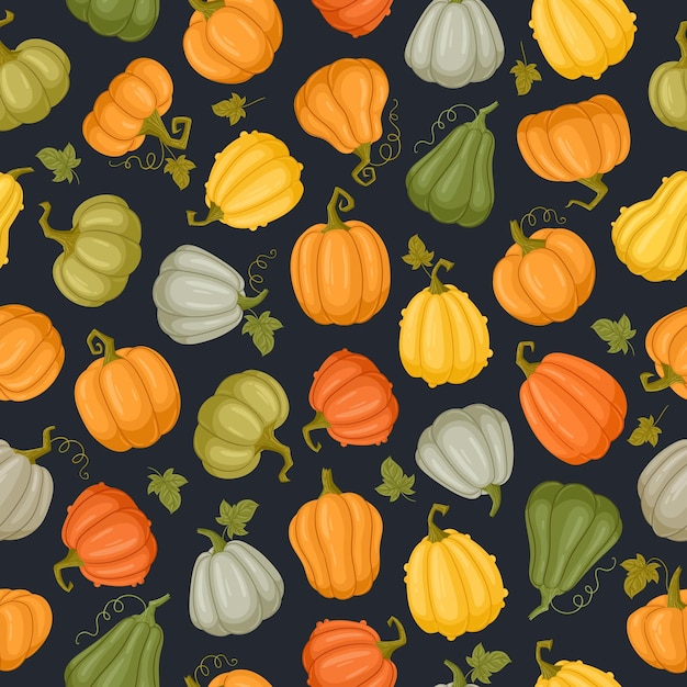 Dyni bezszwowy wzór Halloween jesienne zbiory warzyw nieskończony projekt dziękczynienia lub Halloween dekoracje dyni płaskie wektorowe ilustracja tła pomarańczowy wzór squash