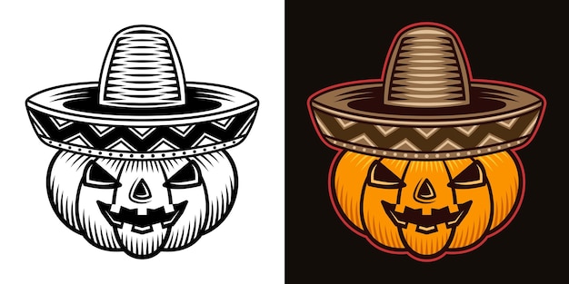 Dynia Halloween W Kapeluszu Sombrero W Dwóch Stylach Czarno Na Białym I Kolorowym Na Ciemnym Tle Ilustracji Wektorowych