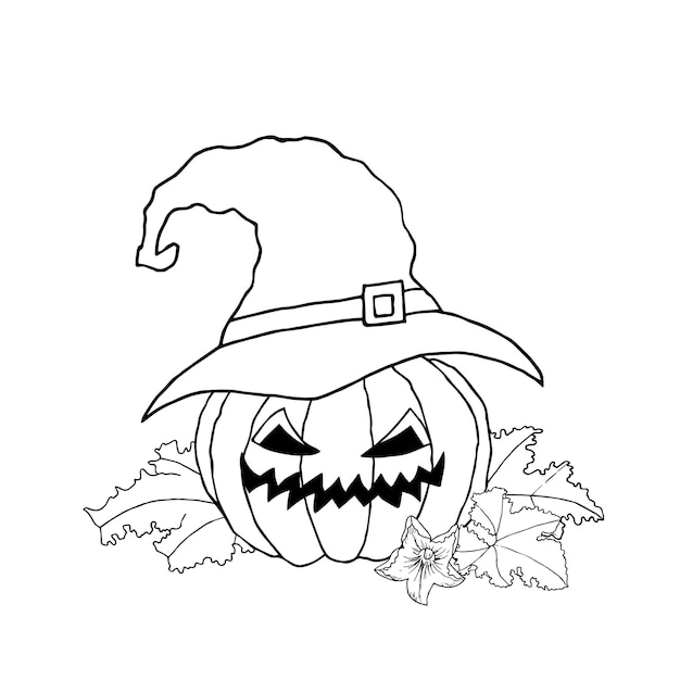 Dynia Halloween z kapeluszem i liśćmi Ręcznie rysowana ilustracja wektorowa Do drukowania kart do kolorowania