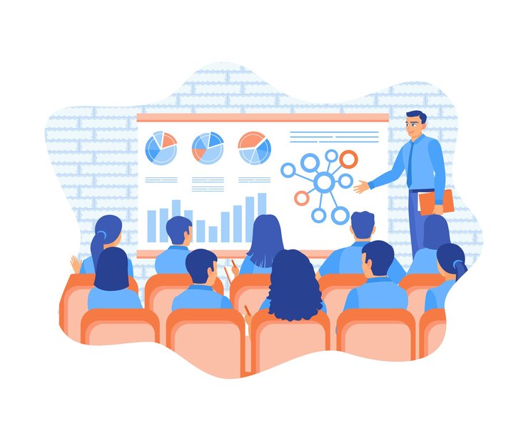 Wektor dyrektor generalny prowadzi prezentacje i oferuje szkolenia biznesowe dla pracowników wyświetlaj dane o sprzedaży biznesowej na pokładzie seminar biznesowy koncepcja webinaru ilustracja wektorowa płaska