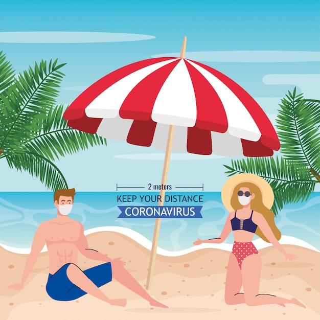 Dystans Społeczny Na Plaży, Para W Masce Medycznej, Nowa Koncepcja Normalnej Letniej Plaży Po Koronawirusie Lub Covid 19