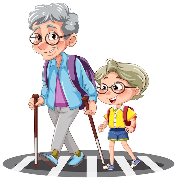 Plik wektorowy dziadek i babcia przechodzą przez drogę z uczniem