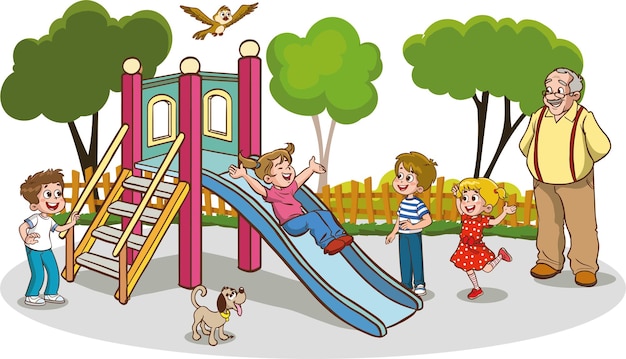 Plik wektorowy dziadek i dzieci bawiące się na placu zabaw wektor kreskówka