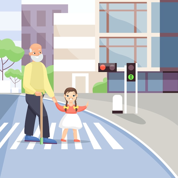 Plik wektorowy dziadek i dziewczynka na przejściu dla pieszych