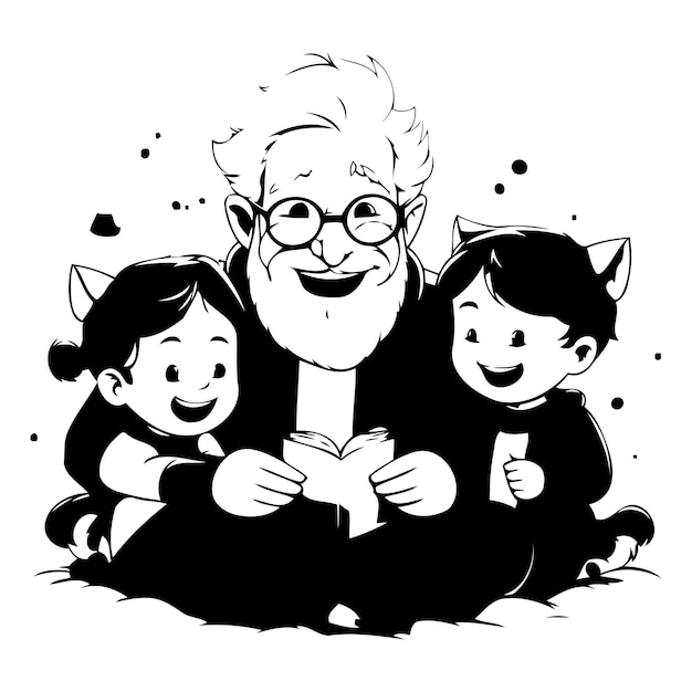 Plik wektorowy dziadek i wnuki czytają razem książkę