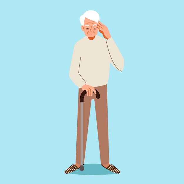 Dziadek z laską myśli, że próbuje sobie przypomnieć Starszą postać z chorobą Alzheimera