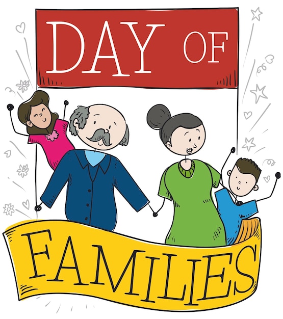 Plik wektorowy dziadkowie z wnukami na dzień rodzin dzień na kalendarzu i wstążce w doodle