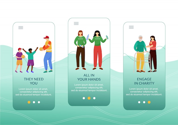 Działalność Charytatywna Na Pokładzie Szablonu Ekranu Aplikacji Mobilnej. Pielęgnacja Dzieci, Osób Starszych I Ekologii Kroki Strony Internetowej Z Postaciami.