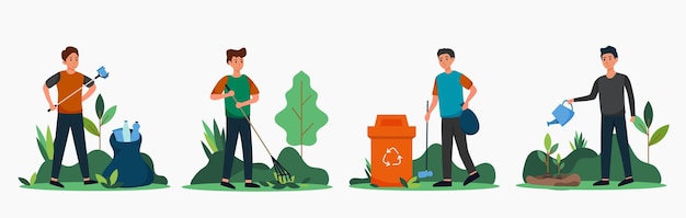 Działalność wolontariacka młode sadzenie drzew w celu ochrony środowiska i zbierania śmieci w celu uratowania ilustracji wektorowych koncepcji świata