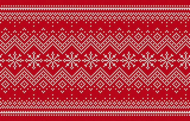 Dzianinowy Nadruk. Boże Narodzenie Wzór. Tło Czerwony Sweter Z Dzianiny. Tekstura Z Zygzakiem I Płatkami śniegu