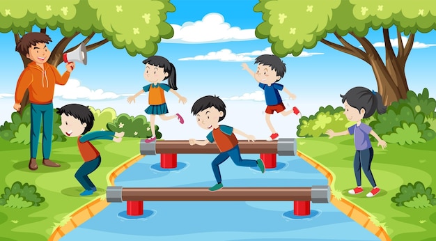 Dzieci Balansujące Na Belce W Parku