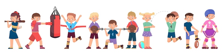 Wektor dzieci chłopcy i dziewczęta różne sporty w stylu kreskówek boks jazda na rolkach rugby baseball koszykówka