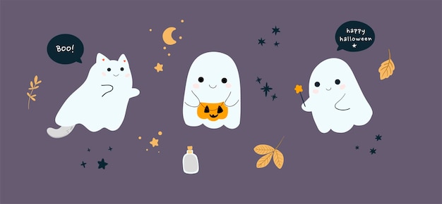 Dzieci Halloween słodkie zwierzęta w strojach imprezowych sztuczka lub leczenie duchy dynia cukierki zabawa kolekcja kart Ręcznie rysowane ilustracji wektorowych Skandynawski styl Płaska konstrukcja Koncepcja karty zaprosić