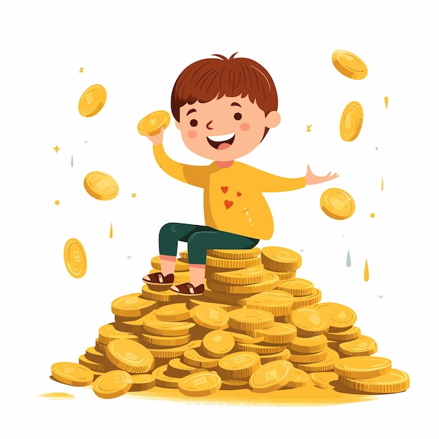 Dzieci ilustracje odważne kolory proste kształty stosy pieniędzy