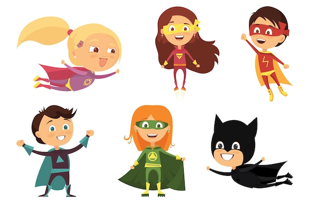 Plik wektorowy dzieci, kolorowe kostiumy różnych superbohaterów