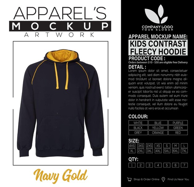 Plik wektorowy dzieci kontrastują fleecy hoodie navy gold apparel mockup artwork