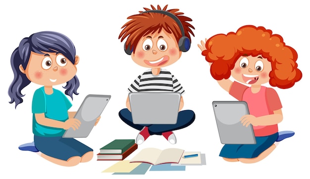 Plik wektorowy dzieci korzystające z postaci z kreskówki laptopa