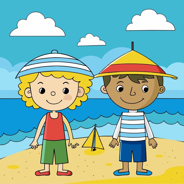 Plik wektorowy dzieci na plaży piasek grać krzesło krajobraz wakacje letnie leżaki parasole