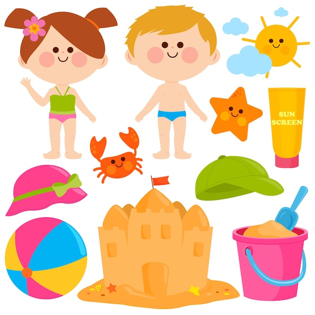 Dzieci na plaży Zestaw letnich wakacji Ilustracja wektorowa