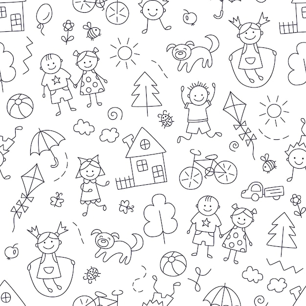 Dzieci na wzór plac zabaw. Dzieci w letniej wiosce w stylu Bazgroły. Rysunek dziecka. Wektor ręcznie rysowane ilustracja na białym tle.
