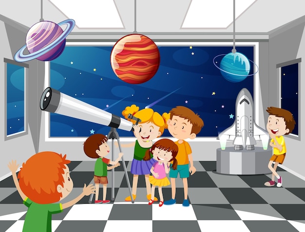 Dzieci Patrzące Na Planetę Za Pomocą Teleskopu