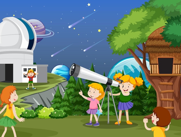 Dzieci Patrzące Na Planetę Za Pomocą Teleskopu