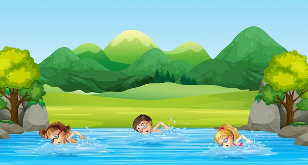 Plik wektorowy dzieci pływają w rzece