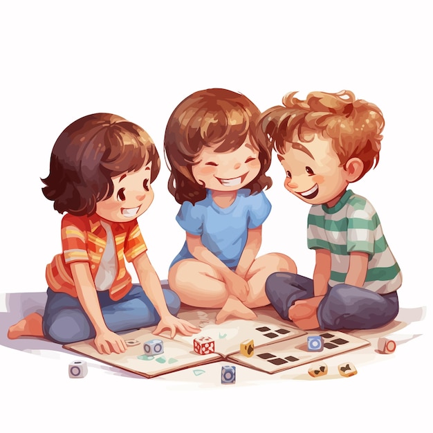 Plik wektorowy dzieci siedzą na podłodze i z radością bawią się w gry planszowe.
