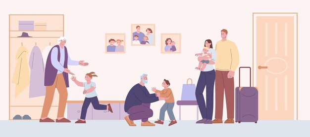 Dzieci spotykają się z dziadkami Wizyta u dziadków Dziewczyna i chłopiec biegną witają seniorów Dzieci uściskają babcię letnie wakacje kicky wektorowa scena