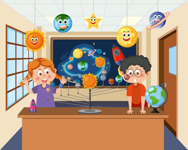 Dzieci Studiujące Planetę Astronomiczną