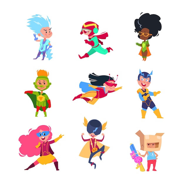 Dzieci Superbohaterów. Dzieci Ubrane W Kostiumy Superbohaterów. Zestaw Znaków Wektor Cosplay Karton
