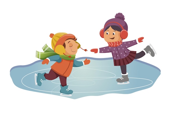 Dzieci w parku zimowym kreskówka chłopiec i dziewczynka jeżdżą na łyżwach po lodzie zamarzniętej rzeki słodkie dzieci uczą się
