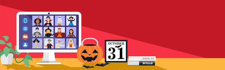 Wektor dzieci w sukience na halloween spotkania wideo w domu.