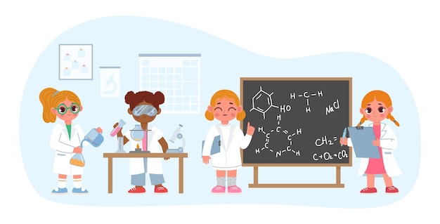 Dzieci w wieku szkolnym w lekcji laboratorium naukowego dla przedszkola Wektorowa edukacja lekcyjna dla przedszkola szkolnego ilustracja laboratorium naukowego