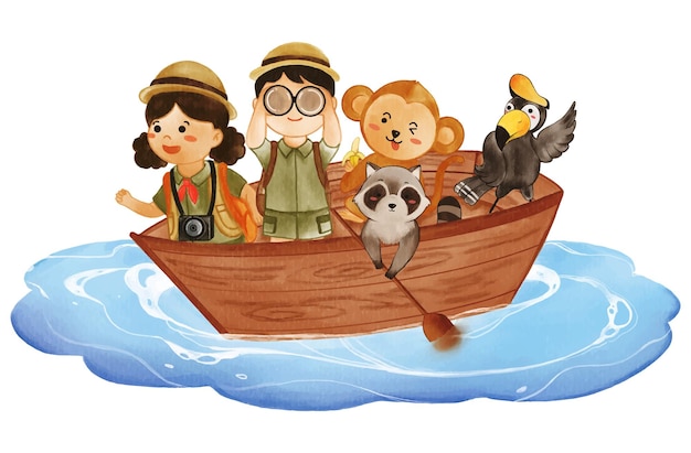 Plik wektorowy dzieci z kombinezonem kempingowym i dzikimi zwierzętami na łodzi realistyczna farba akwarelowa z papierową teksturą projekt postaci z kreskówek wektor