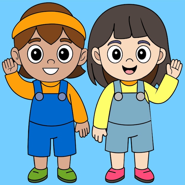 Plik wektorowy dzieci z przedszkola idą do szkoły uczeń ręcznie narysowany maskotka postać z kreskówek naklejka ikonka koncepcja