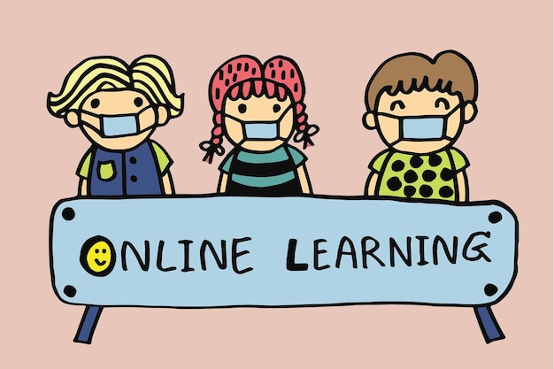 Dzieci z tekstem Online Learning kreskówki doodle rysunek ręka