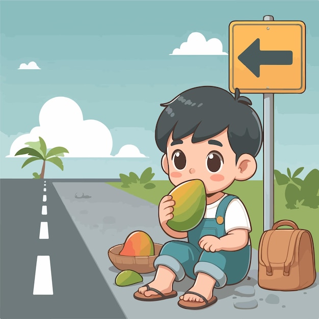 Dzieciak Jedzący Mango Na Drodze Ai Wygenerował Obraz
