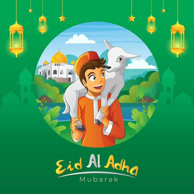 Plik wektorowy dzieciak niosący swoją kozę na kartkę z życzeniami eid al adha