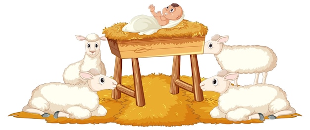 Plik wektorowy dzieciątko jezus chrystus w żłobie z owcami