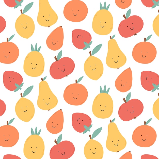 Dziecinny wzór z owocami retro Dzieci drukują z cytrusami w płaskim stylu ilustracji wektorowych Wzór z jabłkiem, cytryną i pomarańczą