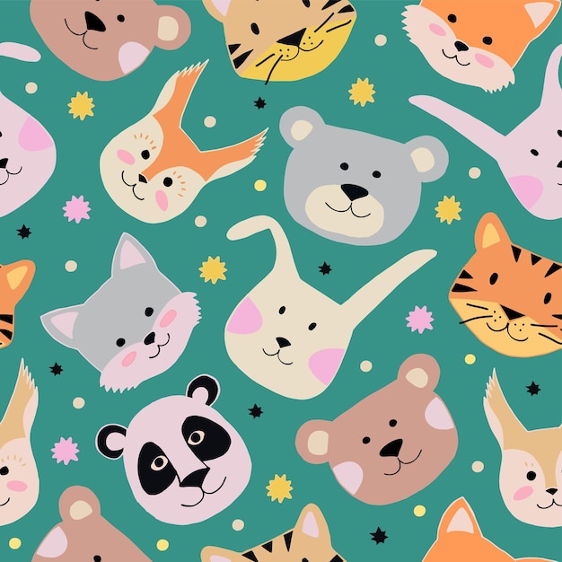 Dziecinny wzór z zabawnymi twarzami zwierząt Wektor ręcznie rysowane ilustracja z tygrysem panda